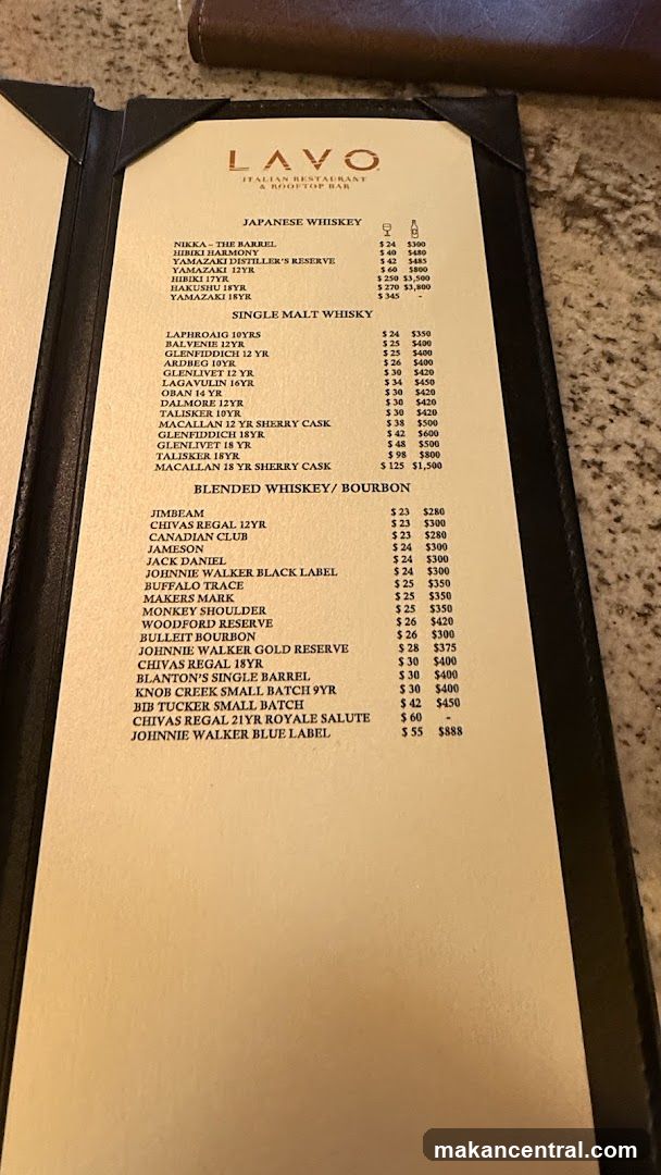 LAVO Italian Restaurant & Rooftop Bar Whiskey Menu