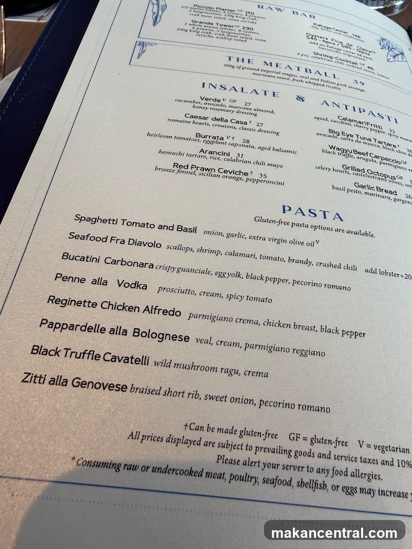 RAW BAR, THE MEATBALL, INSALATE, ANTIPASTI, PASTA