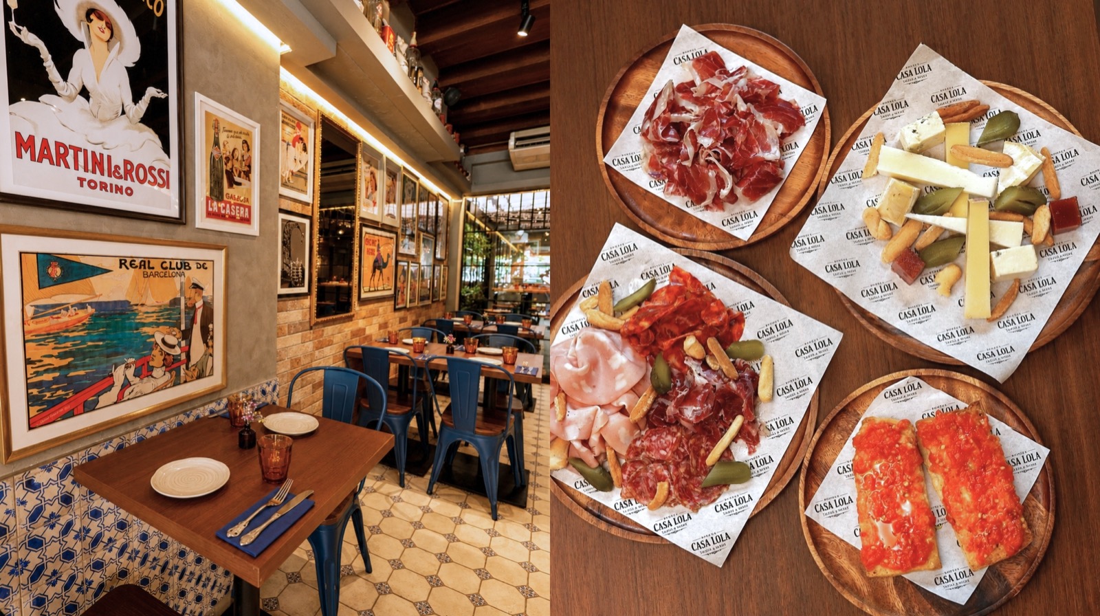 Casa Lola Boon Tat Street dining room with Spanish posters and tapas platters