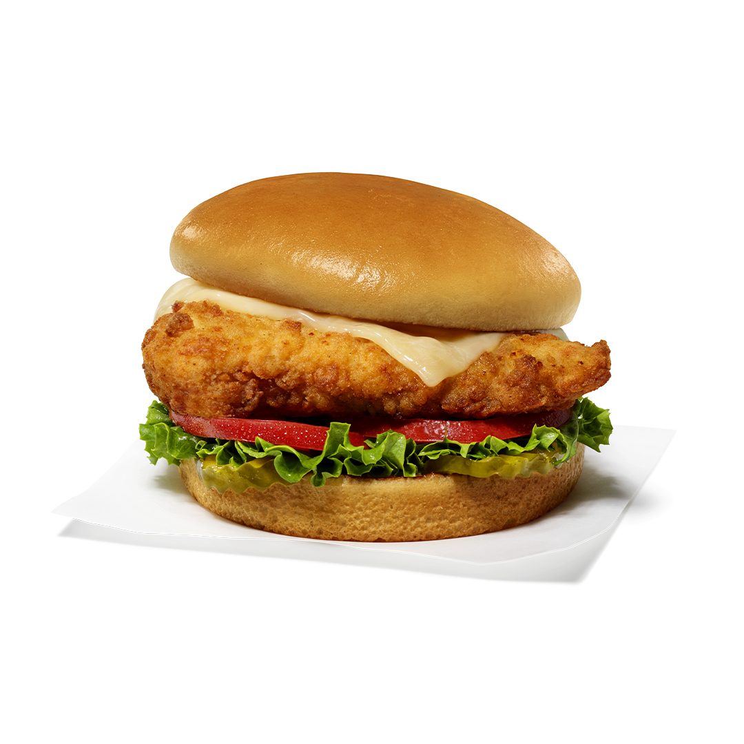Chick-fil-A Deluxe Sandwich with pickles, lettuce, tomato, and cheddar