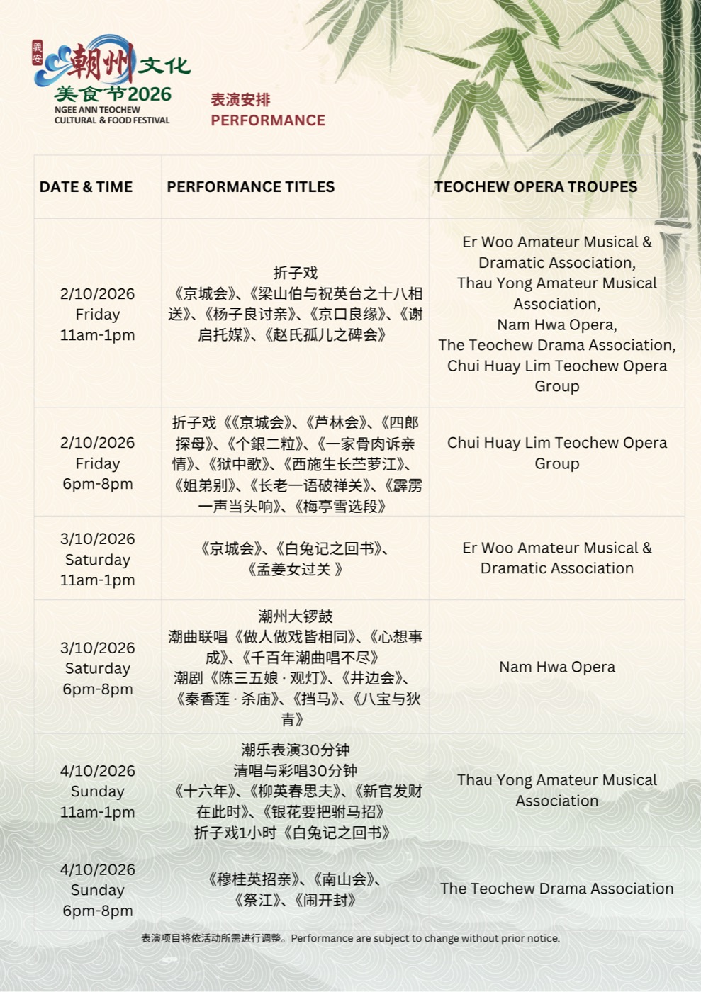 Teochew opera performance schedule for 2 to 4 October 2026 at Ngee Ann City Civic Plaza