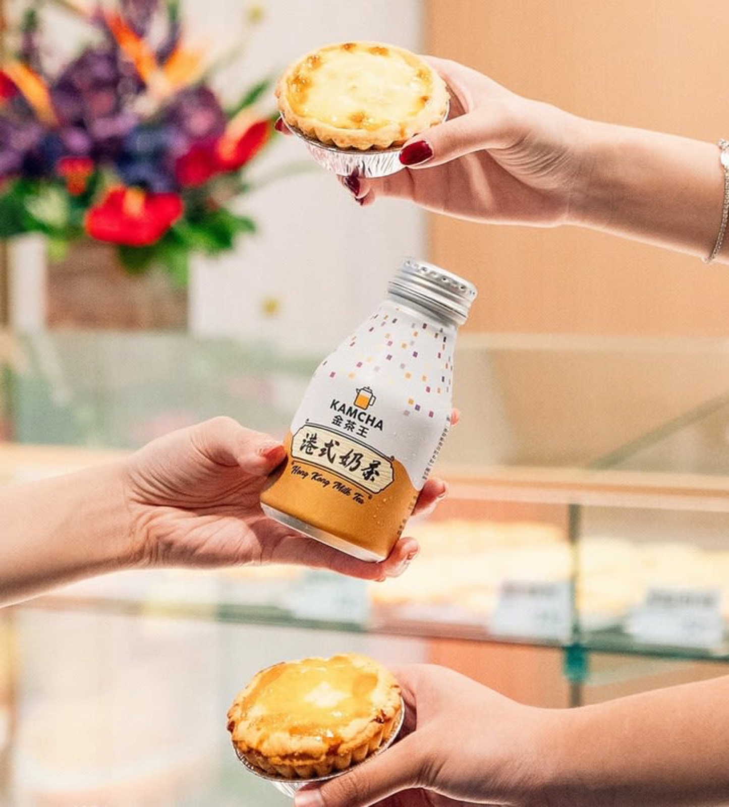 Kamcha bottled Hong Kong milk tea and egg tarts at Tai Cheong Bakery ION Orchard