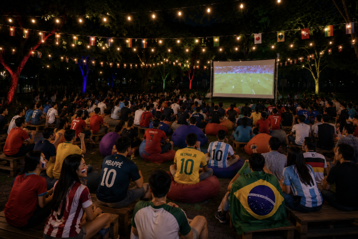 Football Finals Watch Party Carnival atmosphere at a Singapore screening venue with games and refreshments